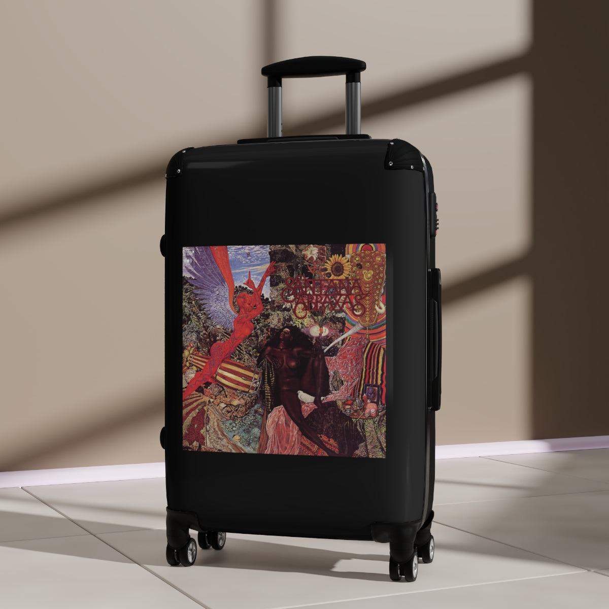 Geotrott Carlos Santana Abraxas 1970 Black Cabin Suitcase Extended Storage Adjustable Telescopic Handle Double Wheeled Polycarbonate Hard Shell Built In Lock