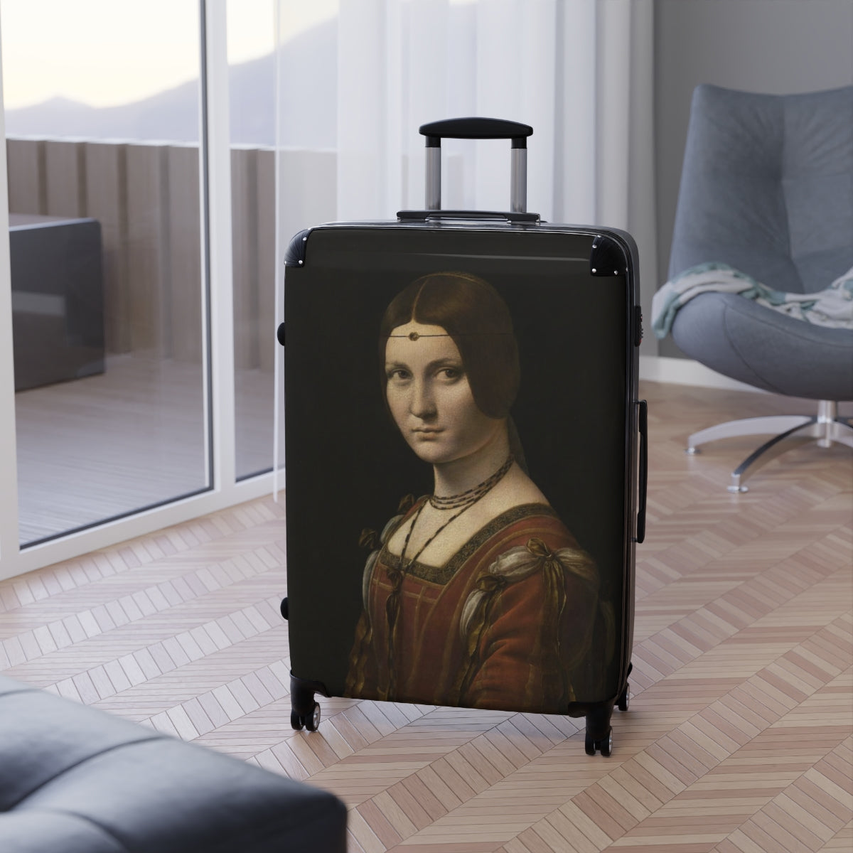 Geotrott La Belle Ferronnière By Leonardo Da Vinci Black Cabin Suitcase Extended Storage Adjustable Telescopic Handle Double Wheeled Polycarbonate Hard-Shell Built-In Lock
