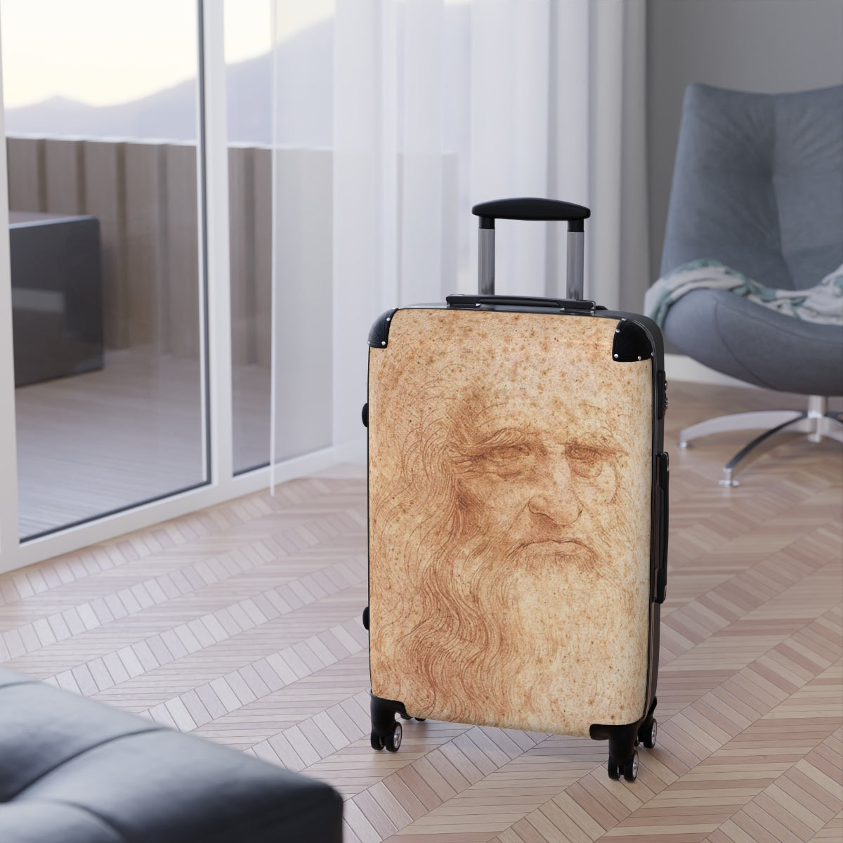 Getrott Portrait of a Man in Red Chalk by Leonardo Da Vinci Black Cabin Suitcase Extended Storage Adjustable Telescopic Handle Double wheeled Polycarbonate Hard-shell Built-in Lock-Bags-Geotrott