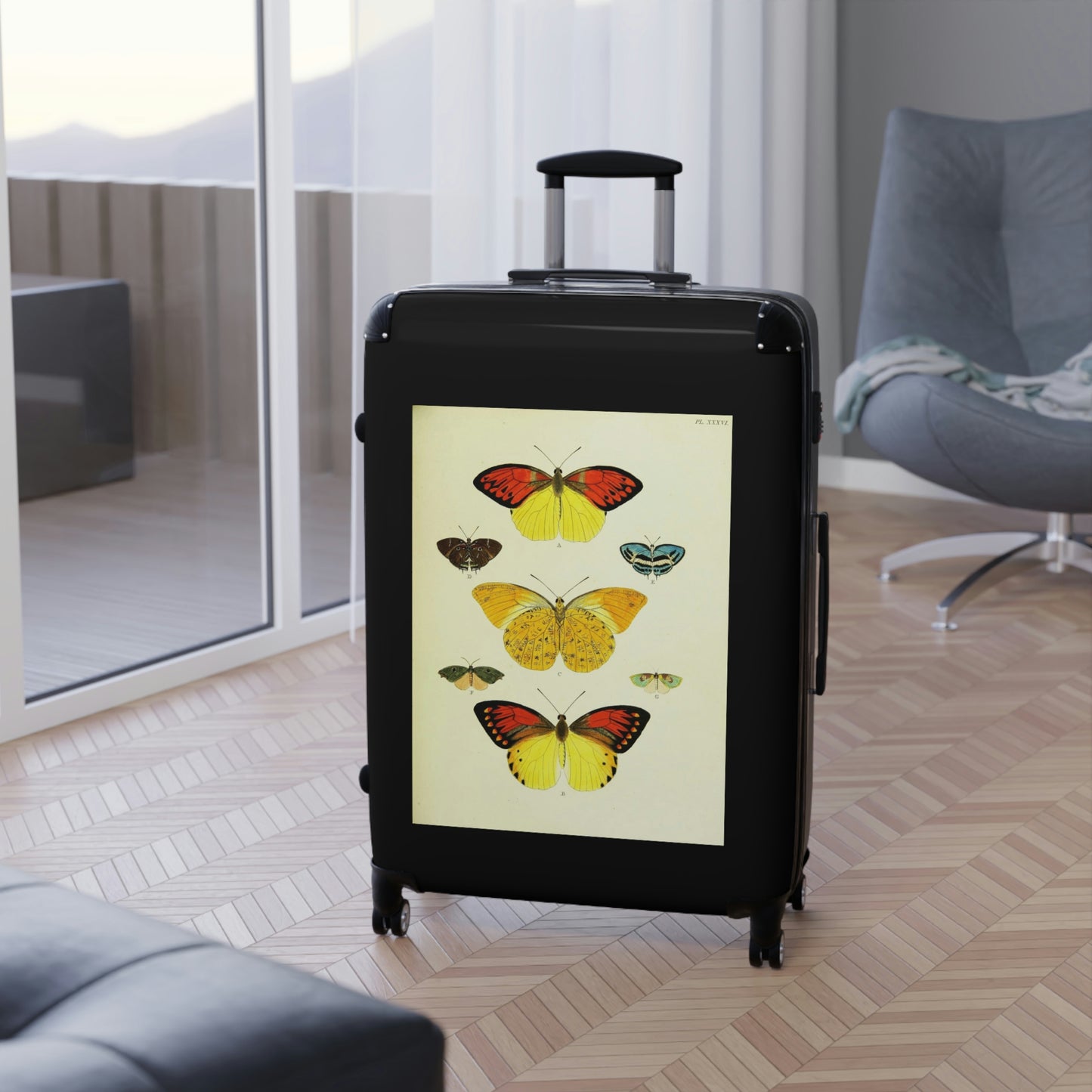 Getrott Butterflies Black Red Yellow Cabin Suitcase Rolling Luggage Extended Storage Adjustable Telescopic Handle Double wheeled Polycarbonate Hard-shell Built-in Lock-Bags-Geotrott