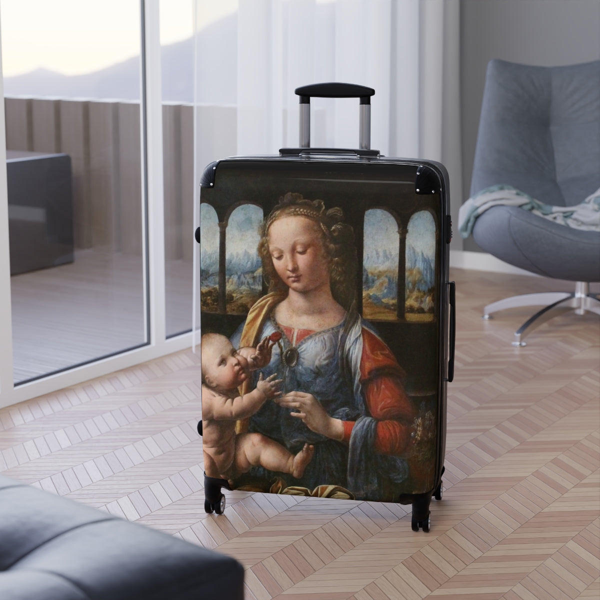 Getrott The Madonna of the Carnation by Leonardo Da Vinci Black Cabin Suitcase Extended Storage Adjustable Telescopic Handle Double wheeled Polycarbonate Hard-shell Built-in Lock-Bags-Geotrott