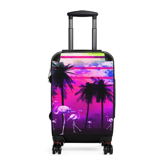 Geotrott Pink Beach Flamingos Sunset Art Cabin Suitcase Extended Storage Adjustable Telescopic Handle Double Wheeled Polycarbonate Hard-Shell Built-In Lock