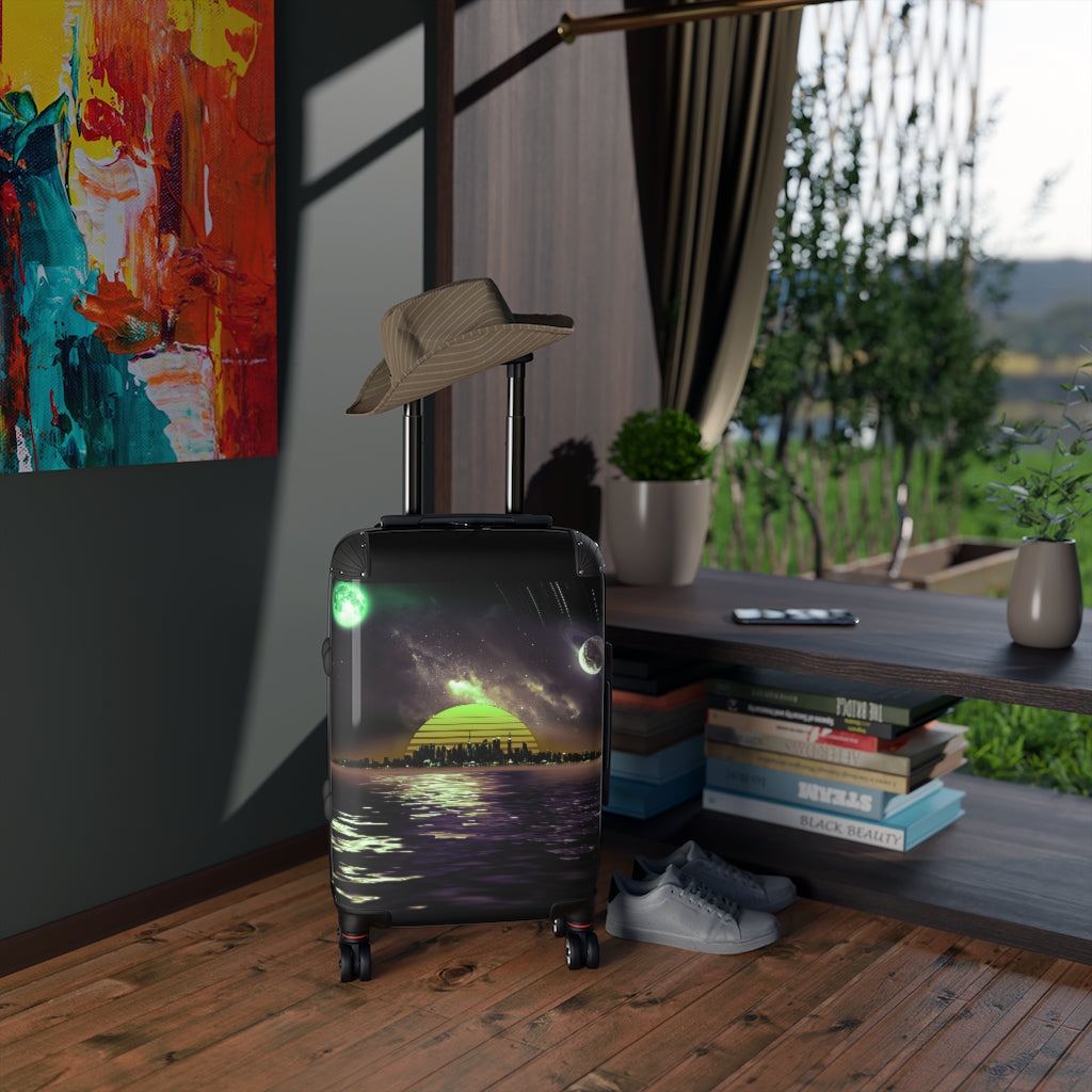 Getrott Space City Sunset Green Black Cabin Luggage Extended Storage Adjustable Telescopic Handle Double wheeled Polycarbonate Hard-shell Built-in Lock-Bags-Geotrott