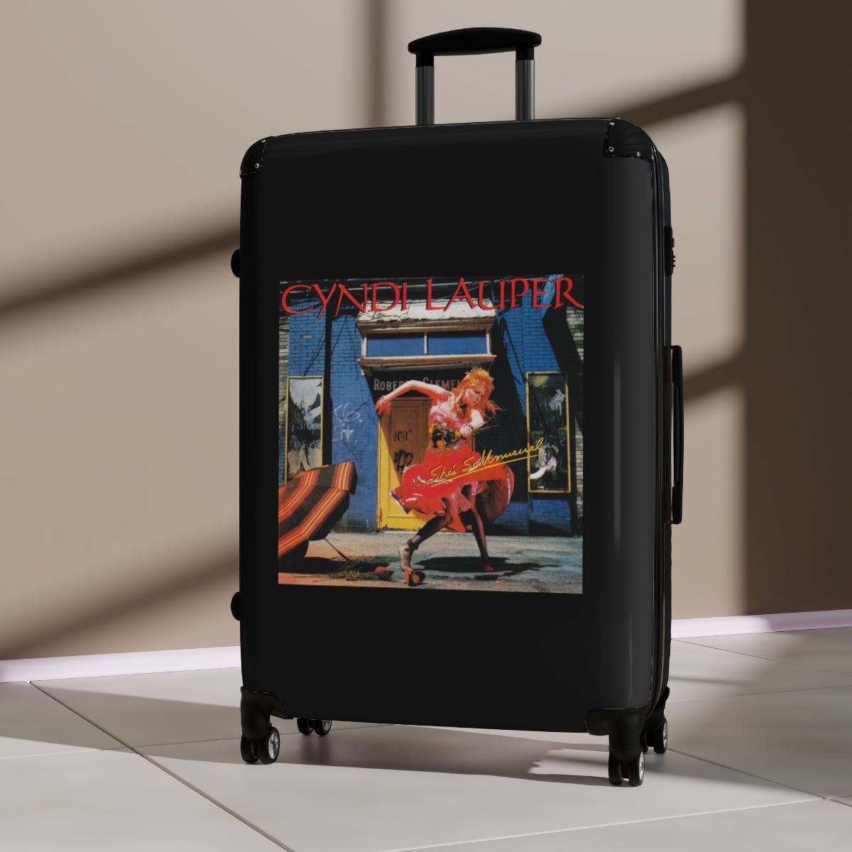 Geotrott Cyndi Lauper Shes So Unusual 1983 Black Cabin Suitcase Extended Storage Adjustable Telescopic Handle Double Wheeled Polycarbonate Hard Shell Built In Lock