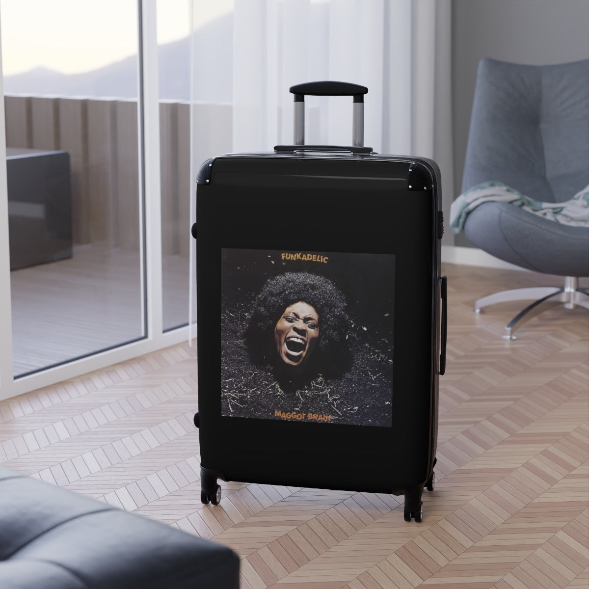 Geotrott Funkadelic Maggot Brain Black Cabin Suitcase Extended Storage Adjustable Telescopic Handle Double Wheeled Polycarbonate Hard Shell Built In Lock