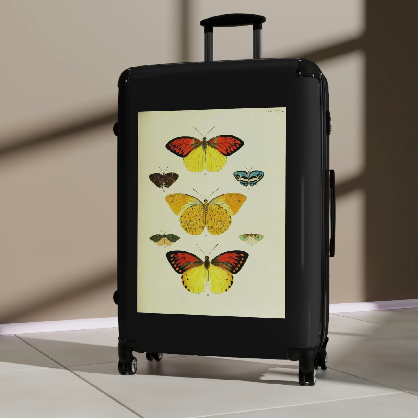 Getrott Butterflies Black Red Yellow Cabin Suitcase Rolling Luggage Extended Storage Adjustable Telescopic Handle Double wheeled Polycarbonate Hard-shell Built-in Lock-Bags-Geotrott