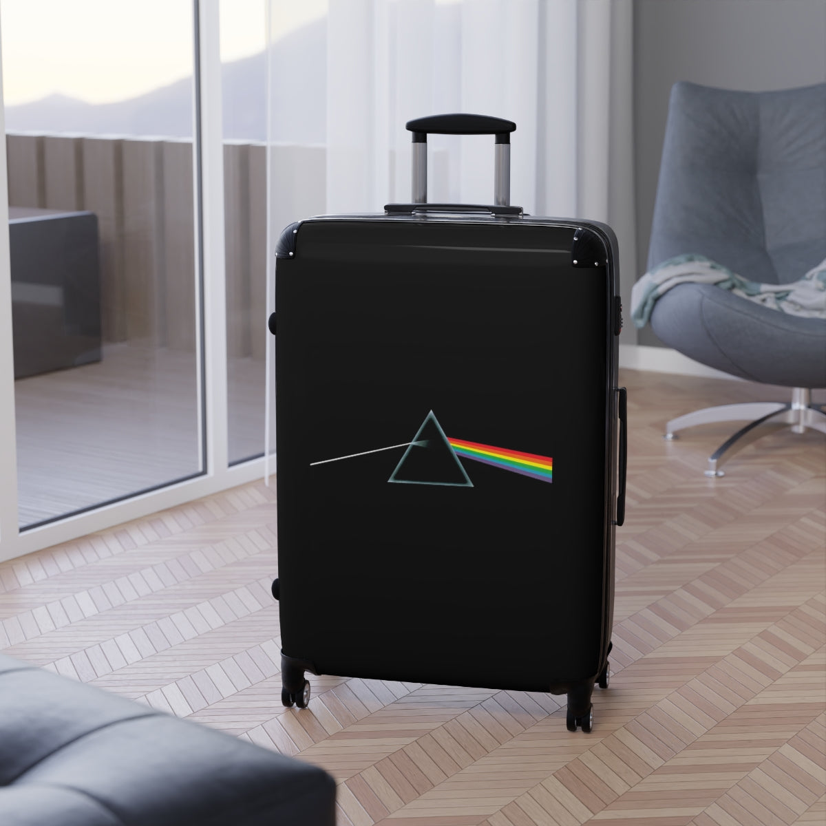 Geotrott Pink Floyd Album Cover Black Cabin Suitcase Extended Storage Adjustable Telescopic Handle Double Wheeled Polycarbonate Hard Shell Built In Lock