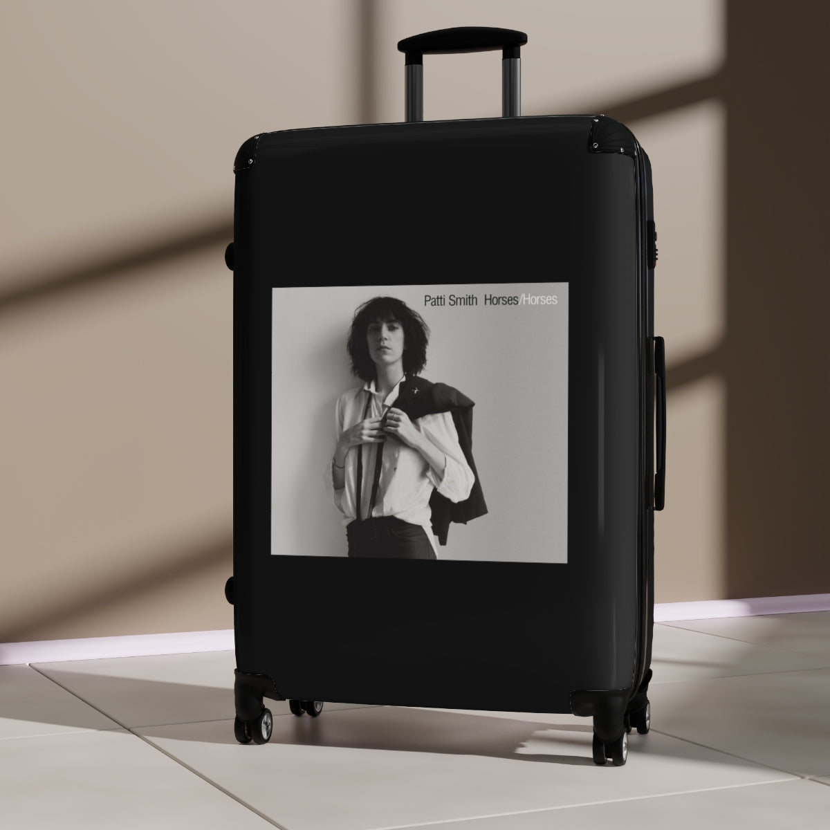 Geotrott Patti Smith Horses 1975 Black Cabin Suitcase Extended Storage Adjustable Telescopic Handle Double Wheeled Polycarbonate Hard Shell Built In Lock