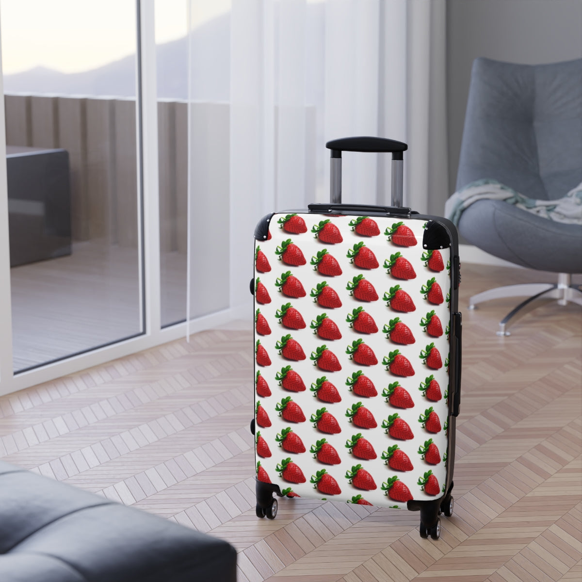 Geotrott Strawberry Fruit Pattern Cabin Suitcase Extended Storage Adjustable Telescopic Handle Double Wheeled Polycarbonate Hard-Shell Built-In Lock