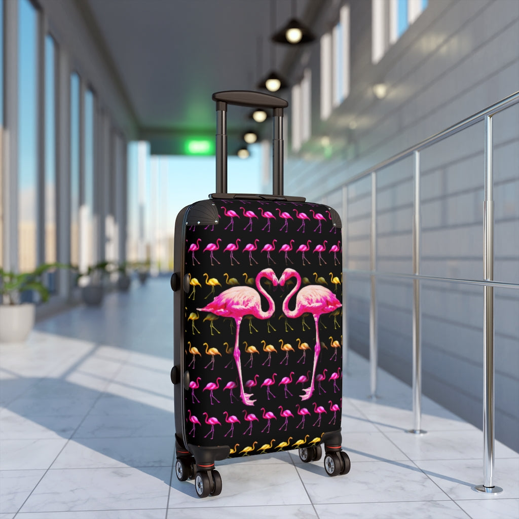 Geotrott Pink Flamingos Kissing Black Cabin Luggage Extended Storage Adjustable Telescopic Handle Double Wheeled Polycarbonate Hard-Shell Built-In Lock