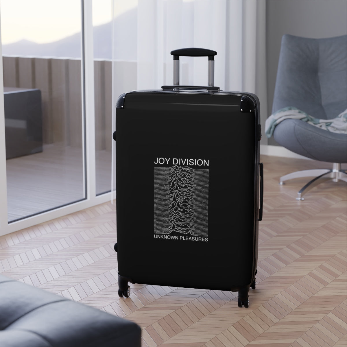 Geotrott Joy Division Unknown Pleasures 1979 Black Cabin Suitcase Extended Storage Adjustable Telescopic Handle Double Wheeled Polycarbonate Hard Shell Built In Lock