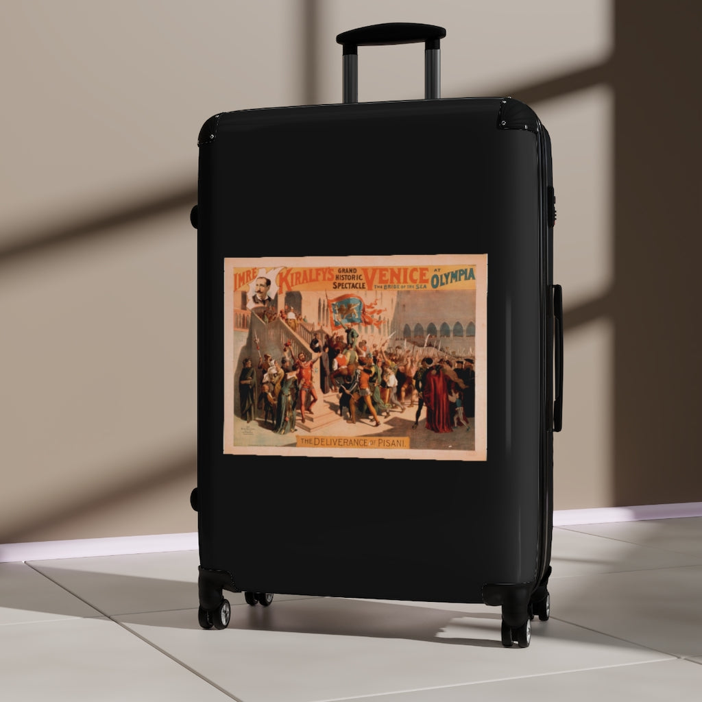 Getrott The Deliverance of Pisanl Imre Kiralfys Grand Historic Spectacle Venice The Bridge of the Sea at Olympia 1 World Classic Poster Black Cabin Suitcase Carry-On Travel Check Luggage 4-Wheel Spinner Suitcase Bag Multiple Colors and Sizes-Bags-Geotrott