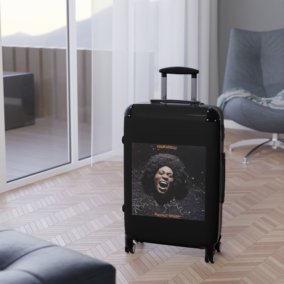 Geotrott Funkadelic Maggot Brain Black Cabin Suitcase Extended Storage Adjustable Telescopic Handle Double Wheeled Polycarbonate Hard Shell Built In Lock