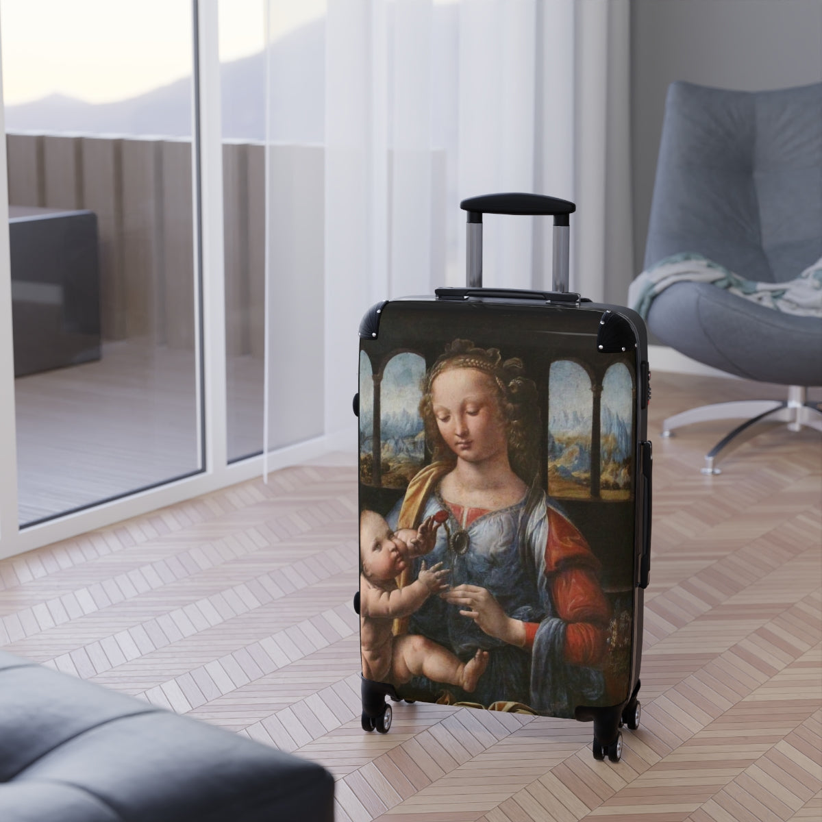 Getrott The Madonna of the Carnation by Leonardo Da Vinci Black Cabin Suitcase Extended Storage Adjustable Telescopic Handle Double wheeled Polycarbonate Hard-shell Built-in Lock-Bags-Geotrott