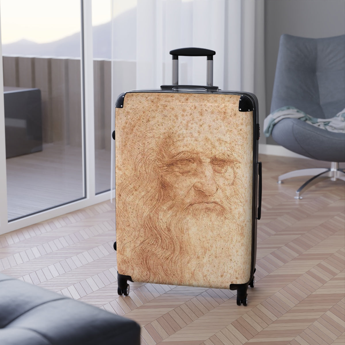 Getrott Portrait of a Man in Red Chalk by Leonardo Da Vinci Black Cabin Suitcase Extended Storage Adjustable Telescopic Handle Double wheeled Polycarbonate Hard-shell Built-in Lock-Bags-Geotrott