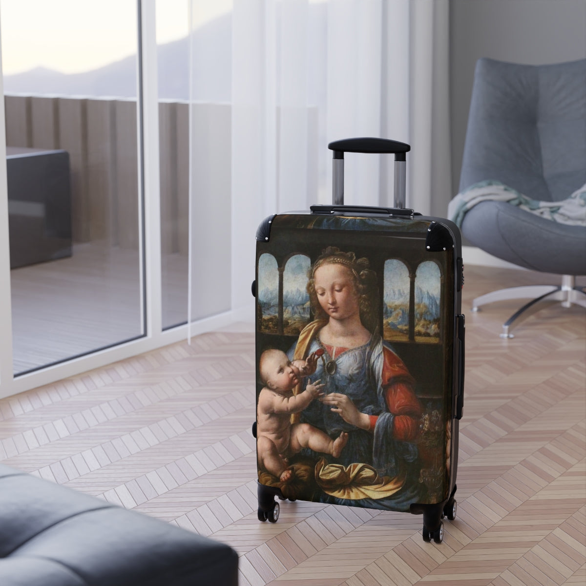 Geotrott Madonna Of The Carnation By Leonardo Da Vinci Black Cabin Suitcase Extended Storage Adjustable Telescopic Handle Double Wheeled Polycarbonate Hard-Shell Built-In Lock