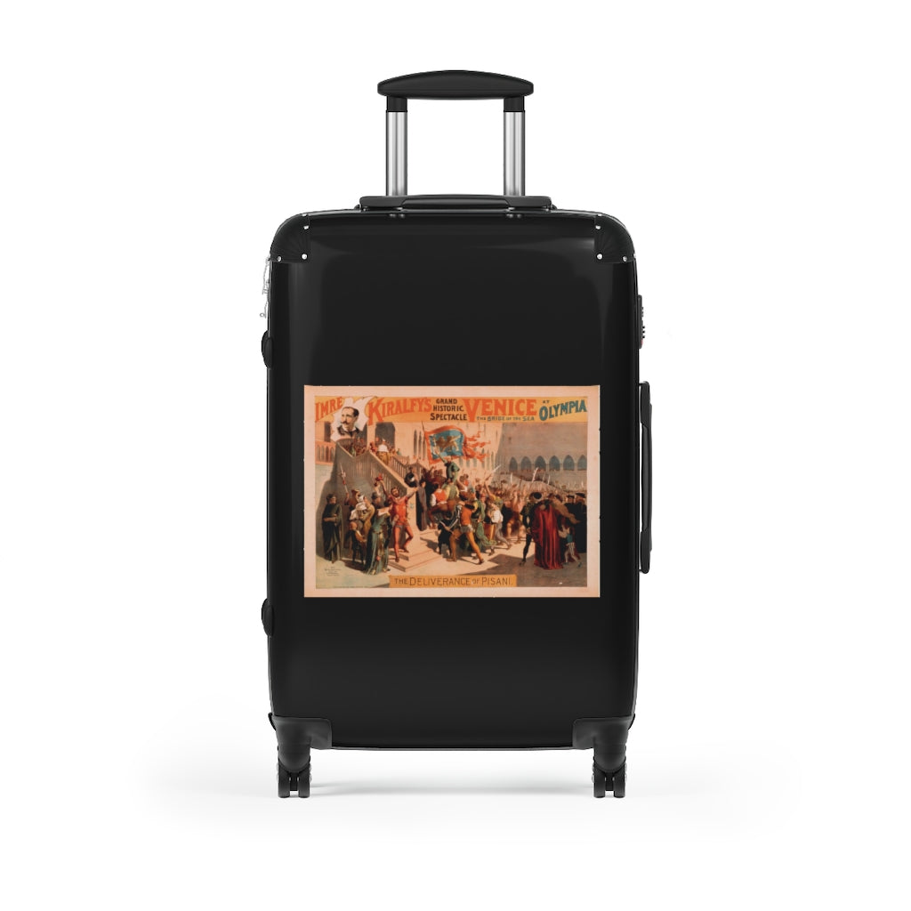 Getrott The Deliverance of Pisanl Imre Kiralfys Grand Historic Spectacle Venice The Bridge of the Sea at Olympia 1 World Classic Poster Black Cabin Suitcase Carry-On Travel Check Luggage 4-Wheel Spinner Suitcase Bag Multiple Colors and Sizes-Bags-Geotrott