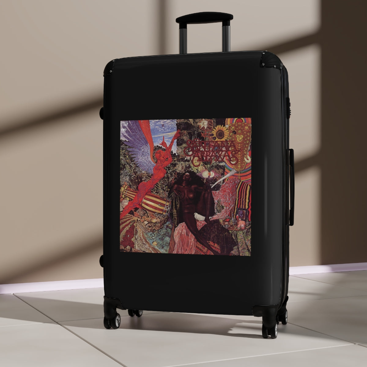 Geotrott Carlos Santana Abraxas 1970 Black Cabin Suitcase Extended Storage Adjustable Telescopic Handle Double Wheeled Polycarbonate Hard Shell Built In Lock
