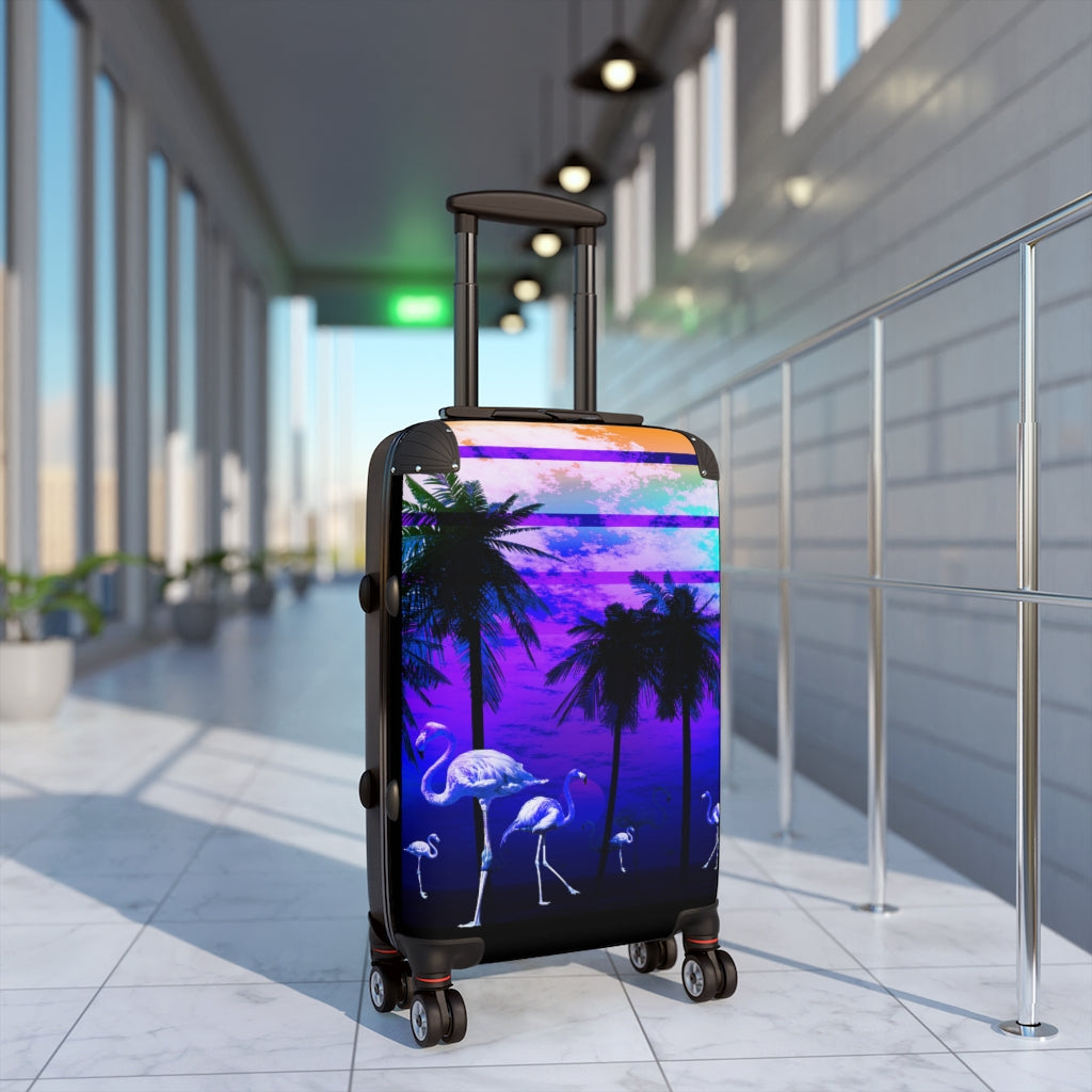 Getrott Blue Beach Flamingos Sunset Art Cabin Suitcase Extended Storage Adjustable Telescopic Handle Double wheeled Polycarbonate Hard-shell Built-in Lock-Bags-Geotrott