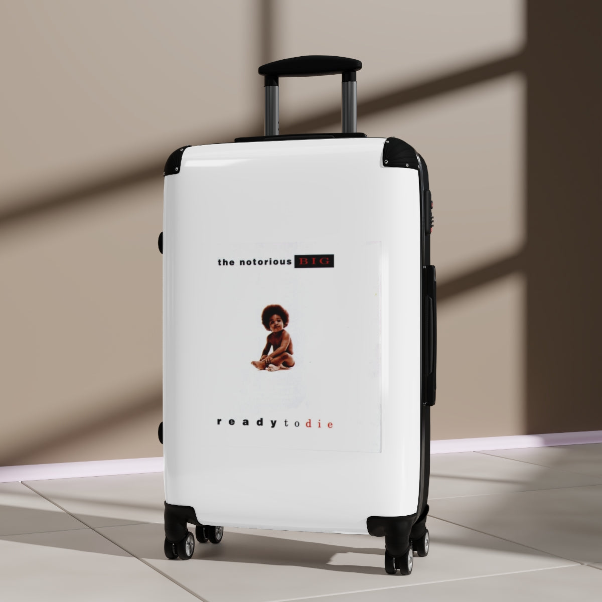 Geotrott The Notorious Big Ready To Die White Cabin Suitcase Extended Storage Adjustable Telescopic Handle Double Wheeled Polycarbonate Hard Shell Built In Lock