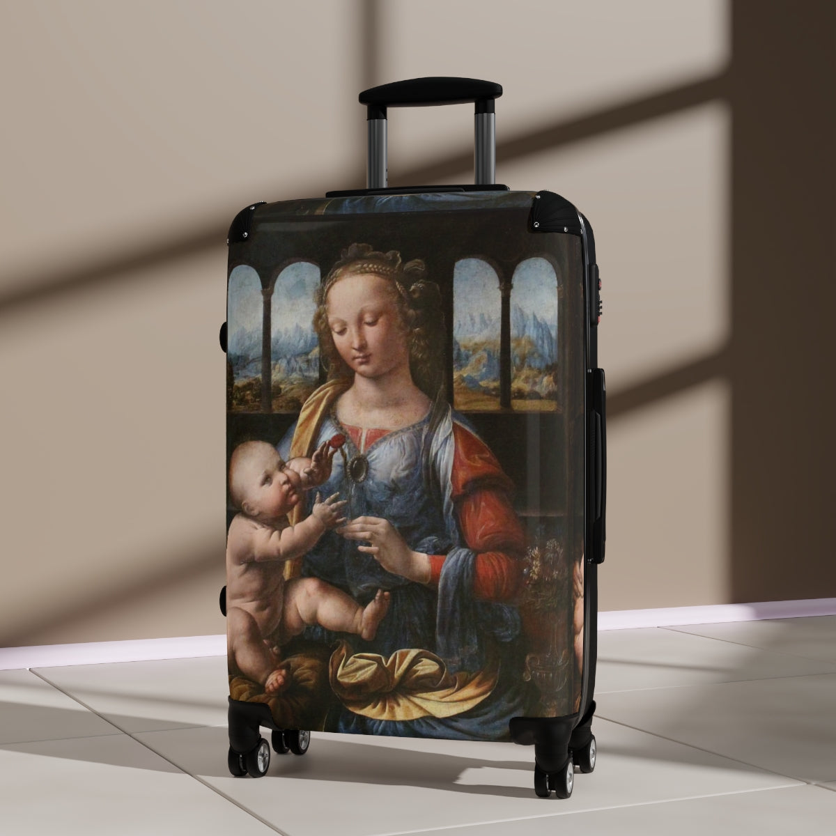 Geotrott Madonna Of The Carnation By Leonardo Da Vinci Black Cabin Suitcase Extended Storage Adjustable Telescopic Handle Double Wheeled Polycarbonate Hard-Shell Built-In Lock
