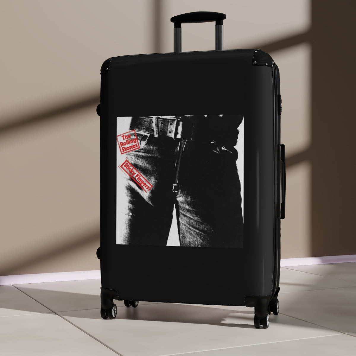 Geotrott The Rolling Stones Sticky Fingers 1971 Black Cabin Suitcase Extended Storage Adjustable Telescopic Handle Double Wheeled Polycarbonate Hard Shell Built In Lock