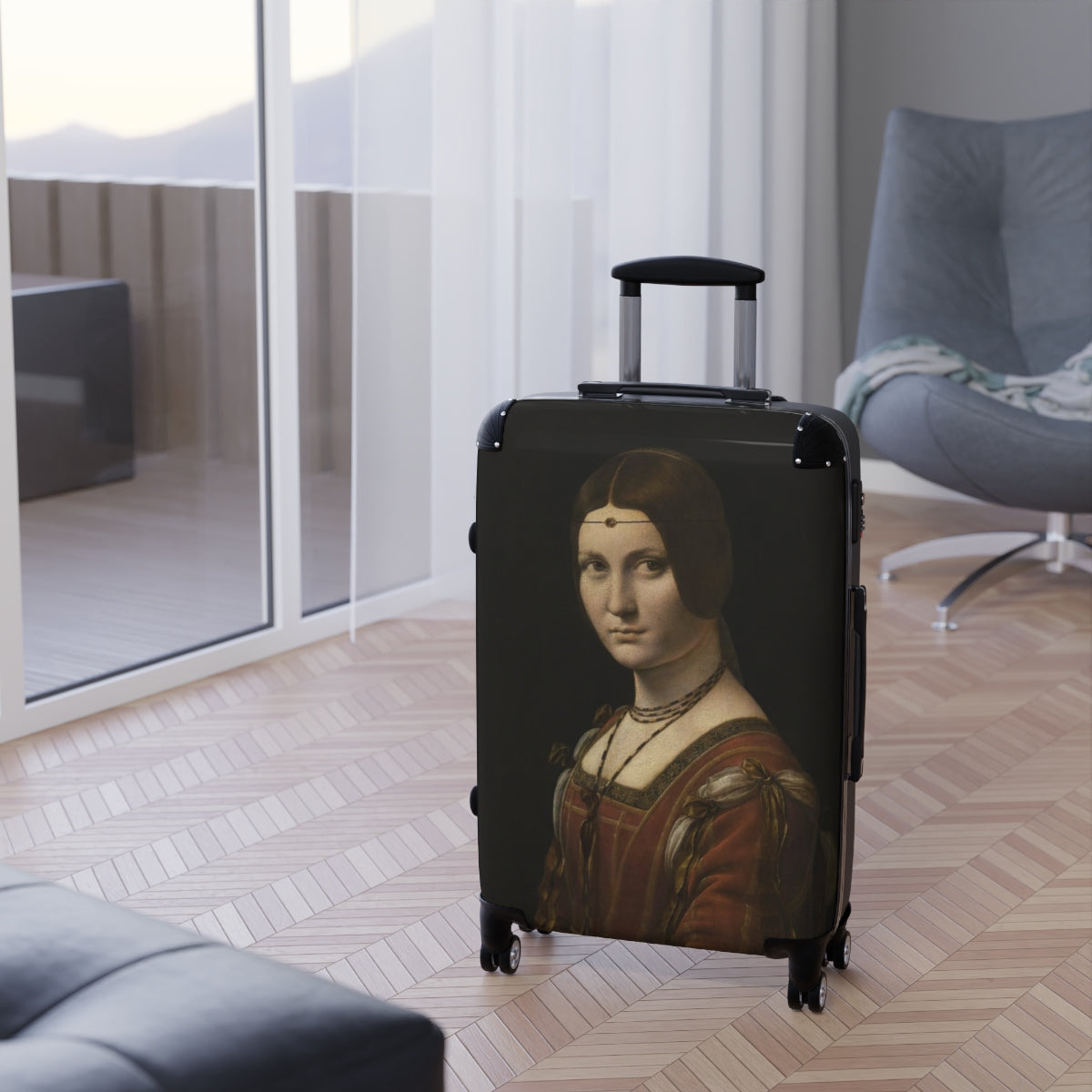 Geotrott La Belle Ferronnière By Leonardo Da Vinci Black Cabin Suitcase Extended Storage Adjustable Telescopic Handle Double Wheeled Polycarbonate Hard-Shell Built-In Lock
