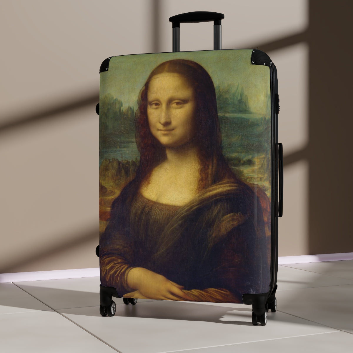 Getrott The Mona Lisa by Leonardo Da Vinci Black Cabin Suitcase Extended Storage Adjustable Telescopic Handle Double wheeled Polycarbonate Hard-shell Built-in Lock-Bags-Geotrott