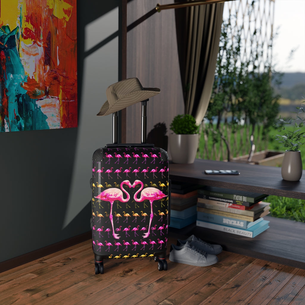 Geotrott Pink Flamingos Kissing Black Cabin Luggage Extended Storage Adjustable Telescopic Handle Double Wheeled Polycarbonate Hard-Shell Built-In Lock