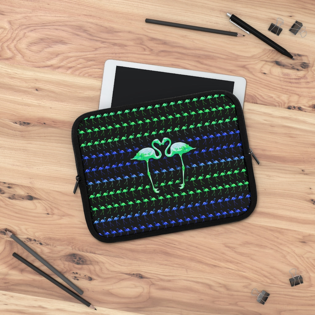 Getrott Blue Green Flamingos Kissing Pattern Black Laptop Sleeve-Laptop Sleeve-Geotrott