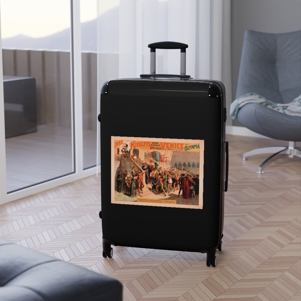 Getrott The Deliverance of Pisanl Imre Kiralfys Grand Historic Spectacle Venice The Bridge of the Sea at Olympia 1 World Classic Poster Black Cabin Suitcase Carry-On Travel Check Luggage 4-Wheel Spinner Suitcase Bag Multiple Colors and Sizes-Bags-Geotrott