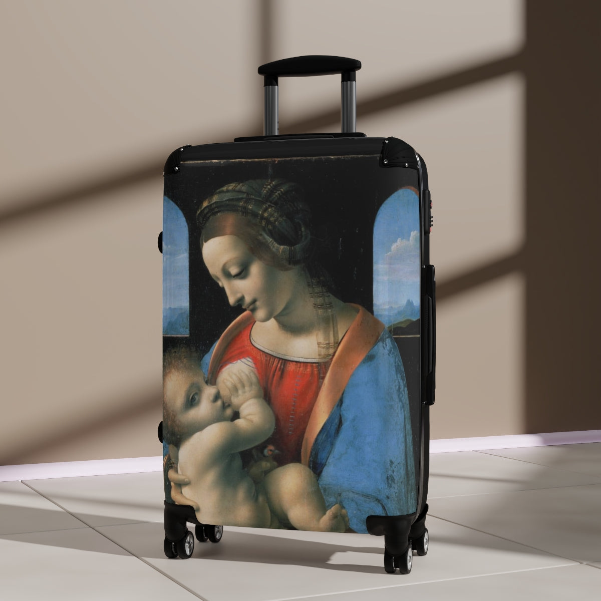 Getrott The Madonna Litta by Leonardo Da Vinci Black Cabin Suitcase Extended Storage Adjustable Telescopic Handle Double wheeled Polycarbonate Hard-shell Built-in Lock-Bags-Geotrott