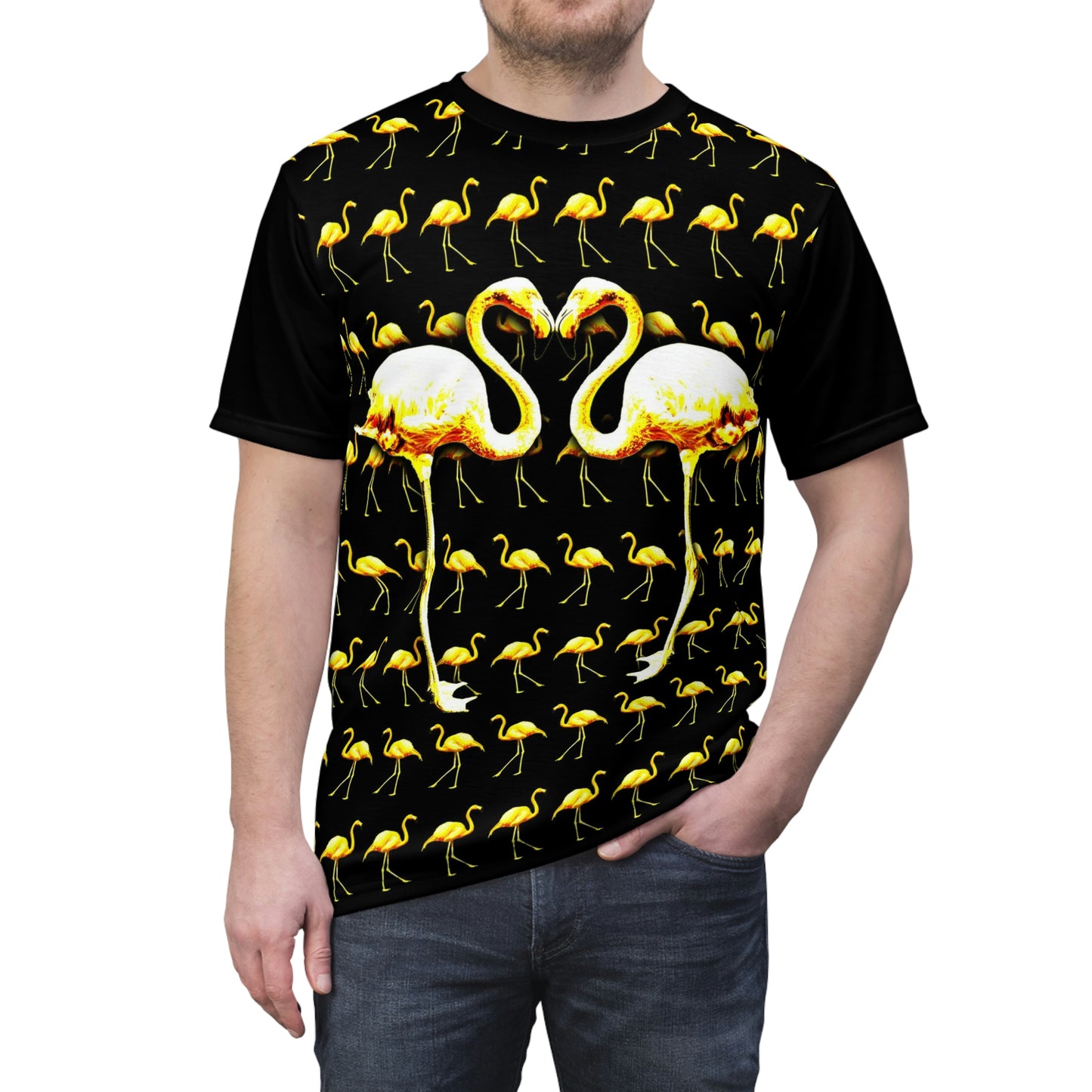 Geotrott Yellow Flamingos Birds Kissing Art Unisex Aop Cut & Sew Tee