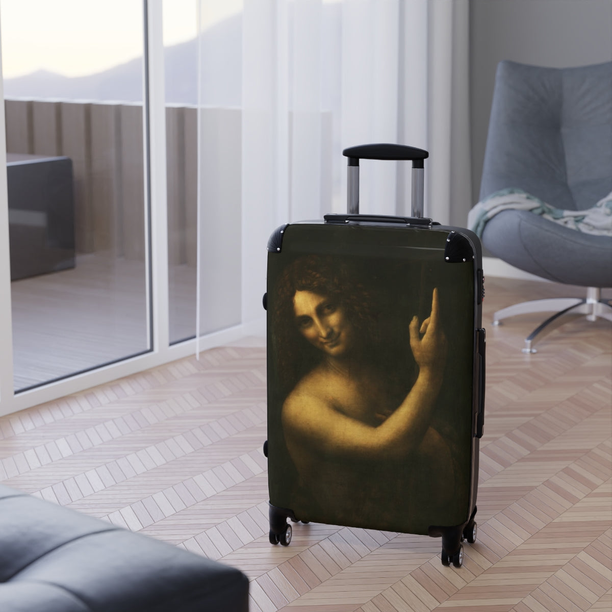 Getrott Saint John the Baptist by Leonardo Da Vinci Black Cabin Suitcase Extended Storage Adjustable Telescopic Handle Double wheeled Polycarbonate Hard-shell Built-in Lock-Bags-Geotrott