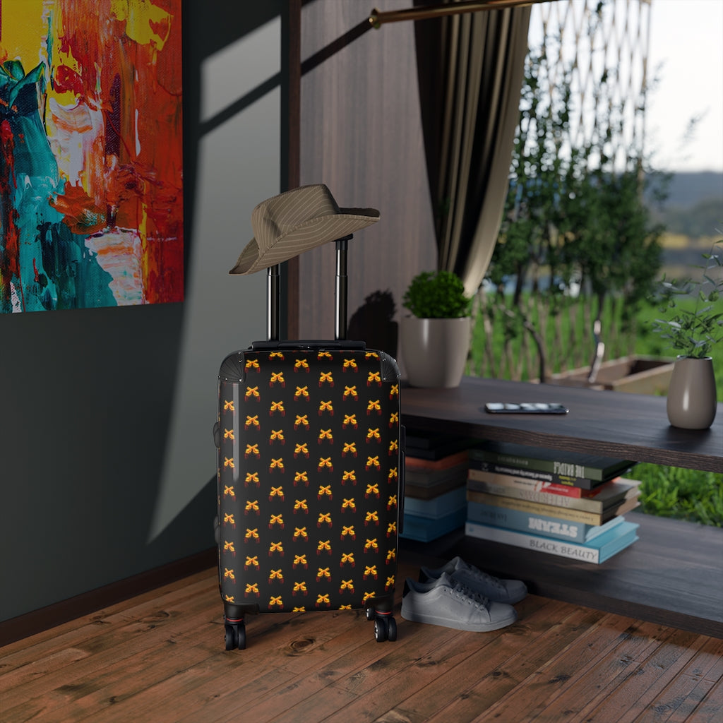 Getrott Magnum Guns Crossed Golden Emblem Pattern Black Cabin Luggage Extended Storage Adjustable Telescopic Handle Double wheeled Polycarbonate Hard-shell Built-in Lock-Bags-Geotrott