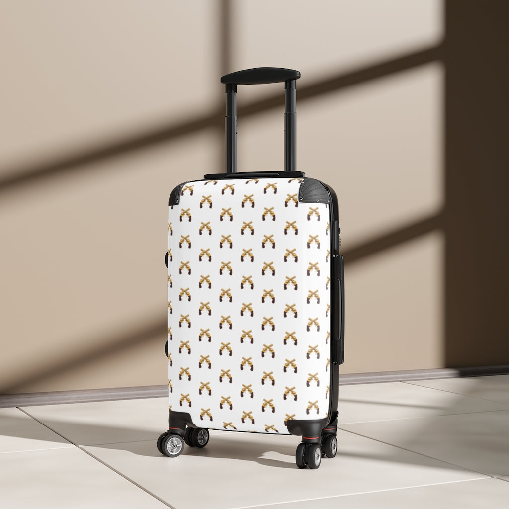 Geotrott Magnum Guns Crossed Emblem Pattern White Cabin Luggage Extended Storage Adjustable Telescopic Handle Double Wheeled Polycarbonate Hard-Shell Built-In Lock