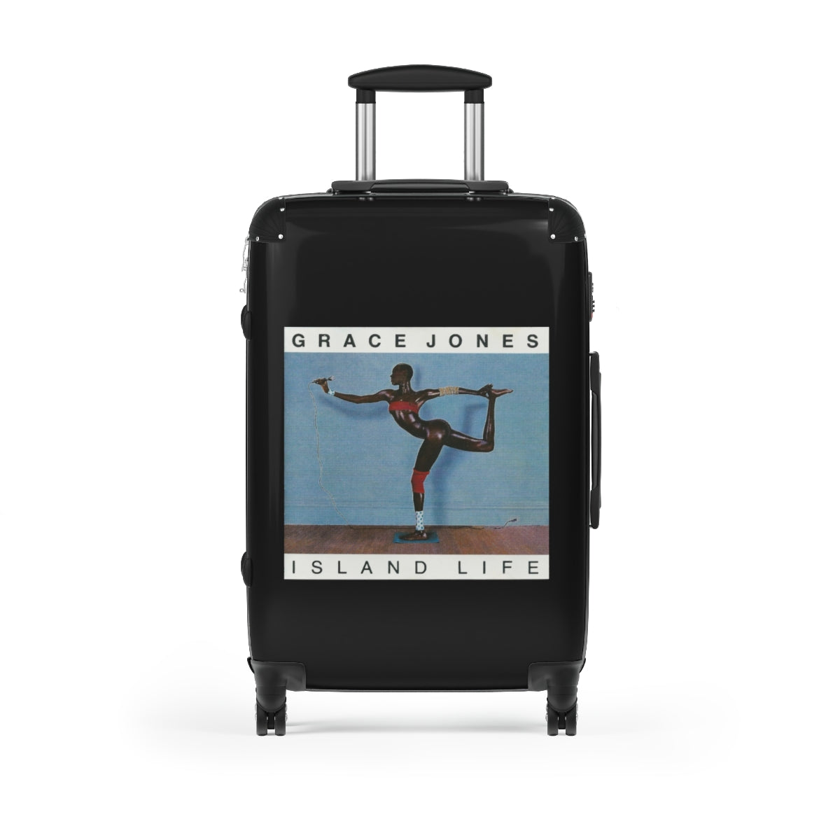 Geotrott Grace Jones Island Life 1985 Black Cabin Suitcase Extended Storage Adjustable Telescopic Handle Double Wheeled Polycarbonate Hard Shell Built In Lock