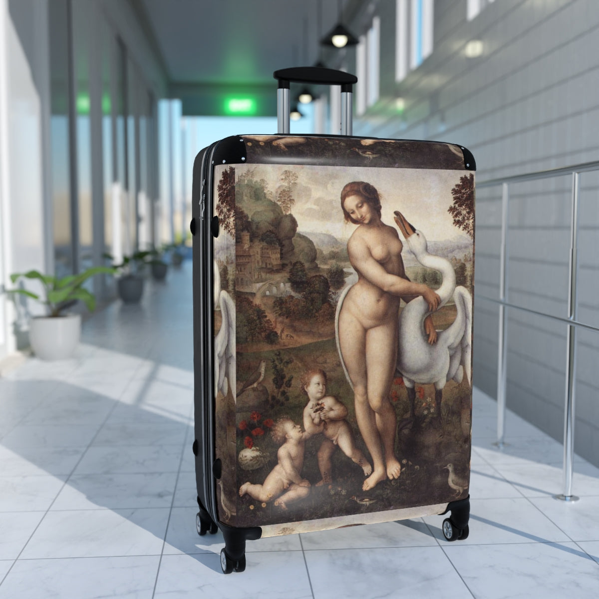 Getrott Leda and the Swan by Leonardo Da Vinci Black Cabin Suitcase Extended Storage Adjustable Telescopic Handle Double wheeled Polycarbonate Hard-shell Built-in Lock-Bags-Geotrott