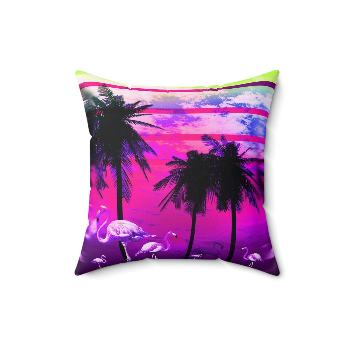 Geotrott Fantastic Pink Sunset with Palms and Flamingos Pink Spun Polyester Square Pillow