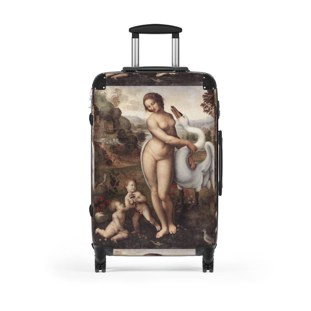 Getrott Leda and the Swan by Leonardo Da Vinci Black Cabin Suitcase Extended Storage Adjustable Telescopic Handle Double wheeled Polycarbonate Hard-shell Built-in Lock-Bags-Geotrott
