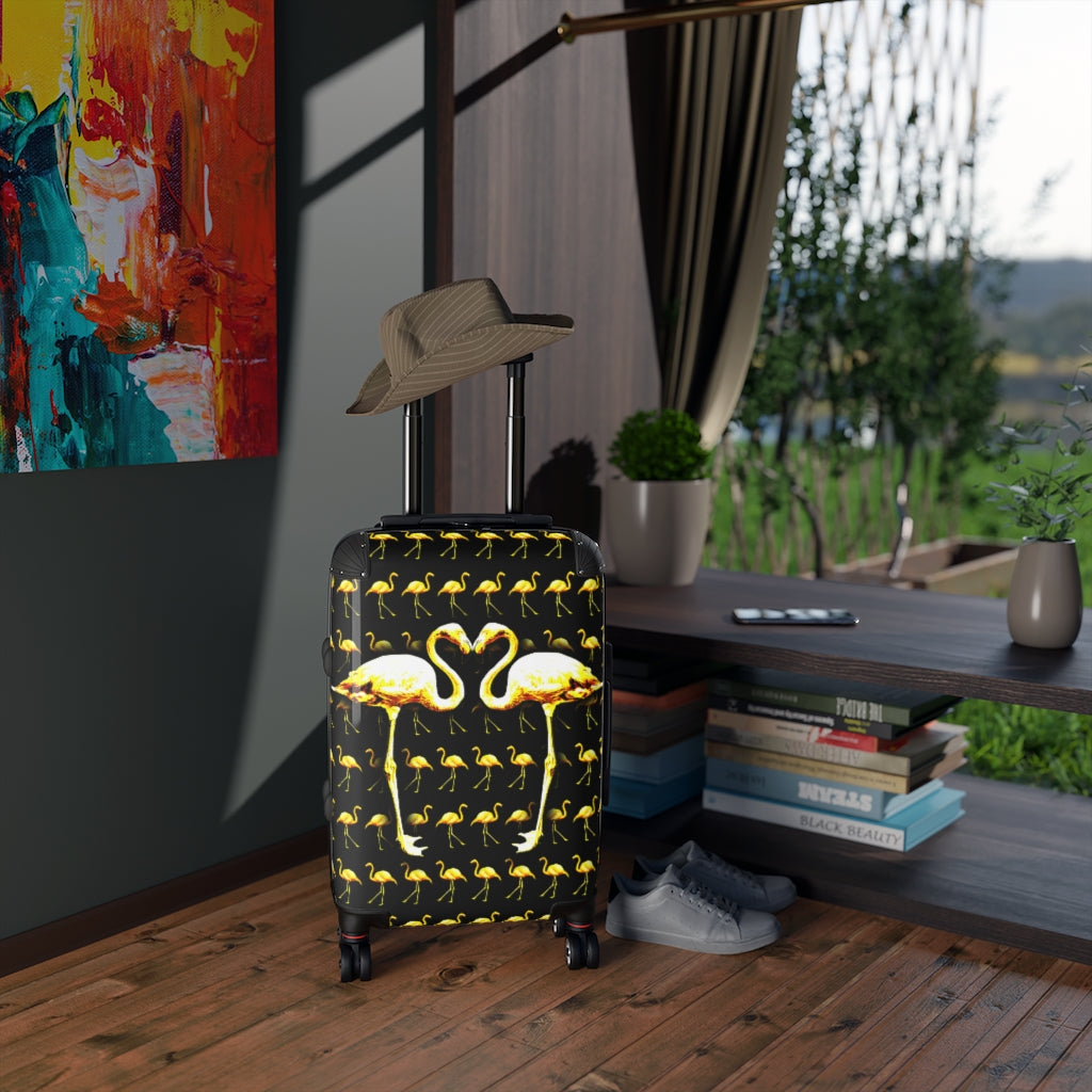 Geotrott Yellow Flamingos Kissing Black Cabin Luggage Extended Storage Adjustable Telescopic Handle Double Wheeled Polycarbonate Hard-Shell Built-In Lock