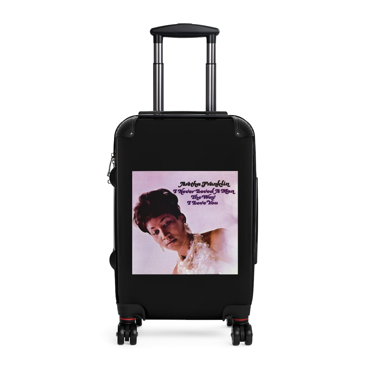 Geotrott Aretha Franklyn I Never Loved A Man The Way That I Love You Black Cabin Suitcase Extended Storage Adjustable Telescopic Handle Double Wheeled Polycarbonate Hard Shell Built In Lock
