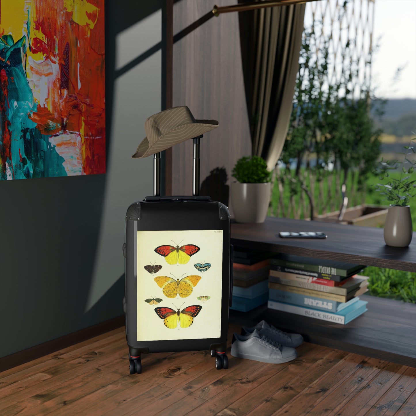 Getrott Butterflies Black Red Yellow Cabin Suitcase Rolling Luggage Extended Storage Adjustable Telescopic Handle Double wheeled Polycarbonate Hard-shell Built-in Lock-Bags-Geotrott