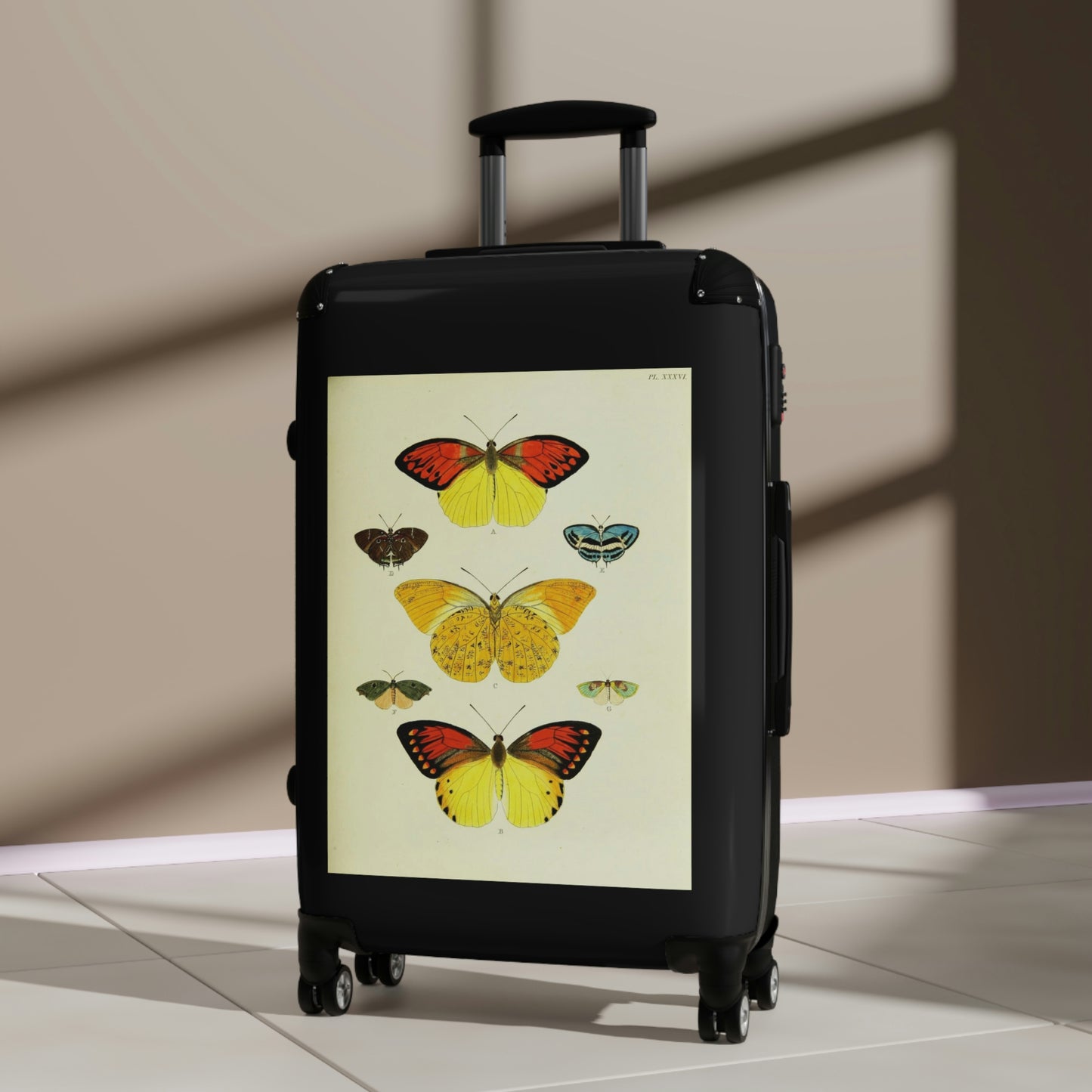 Getrott Butterflies Black Red Yellow Cabin Suitcase Rolling Luggage Extended Storage Adjustable Telescopic Handle Double wheeled Polycarbonate Hard-shell Built-in Lock-Bags-Geotrott