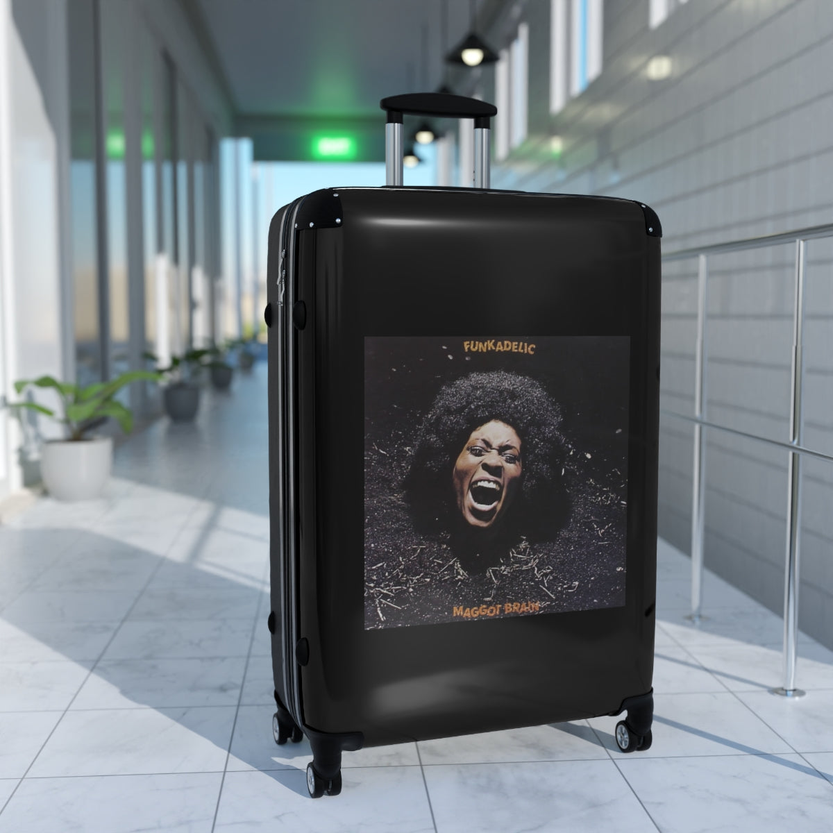 Geotrott Funkadelic Maggot Brain Black Cabin Suitcase Extended Storage Adjustable Telescopic Handle Double Wheeled Polycarbonate Hard Shell Built In Lock