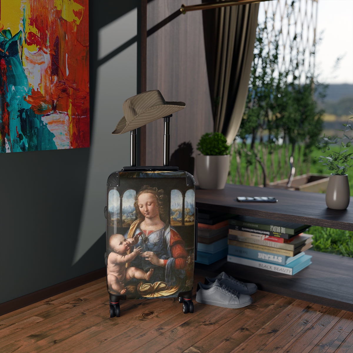 Geotrott Madonna Of The Carnation By Leonardo Da Vinci Black Cabin Suitcase Extended Storage Adjustable Telescopic Handle Double Wheeled Polycarbonate Hard-Shell Built-In Lock