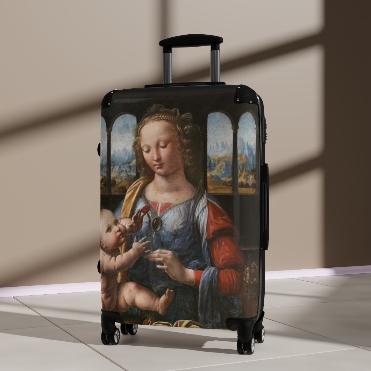 Getrott The Madonna of the Carnation by Leonardo Da Vinci Black Cabin Suitcase Extended Storage Adjustable Telescopic Handle Double wheeled Polycarbonate Hard-shell Built-in Lock-Bags-Geotrott