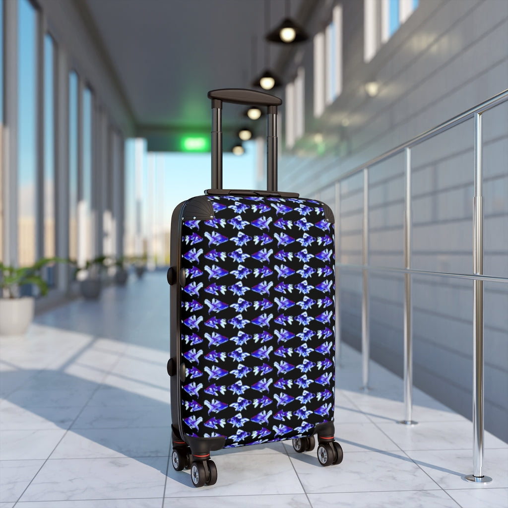 Getrott Goldfish Fish Blue Pattern Black Cabin Suitcase Extended Storage Adjustable Telescopic Handle Double wheeled Polycarbonate Hard-shell Built-in Lock-Bags-Geotrott