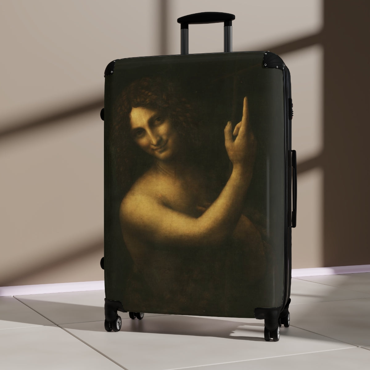 Getrott Saint John the Baptist by Leonardo Da Vinci Black Cabin Suitcase Extended Storage Adjustable Telescopic Handle Double wheeled Polycarbonate Hard-shell Built-in Lock-Bags-Geotrott