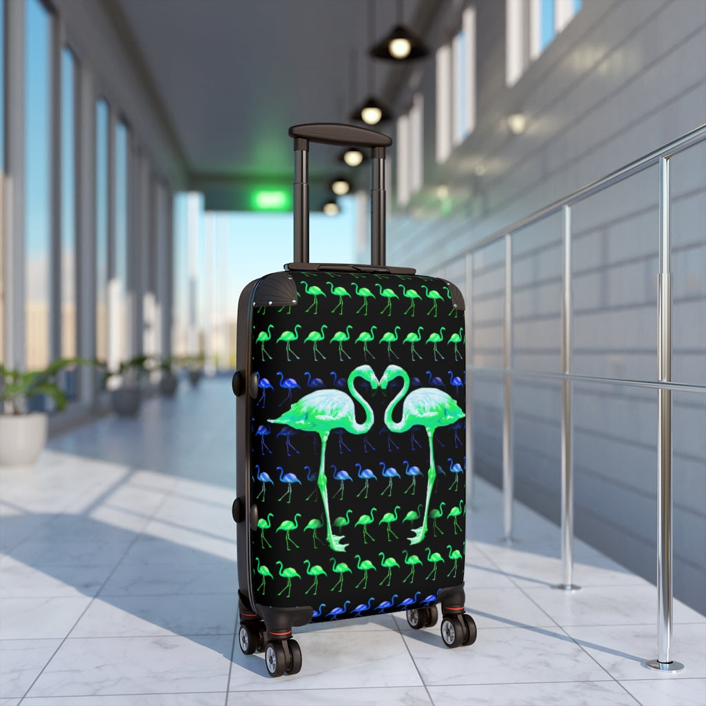 Geotrott Green Flamingo Kissing Cabin Luggage Extended Storage Adjustable Telescopic Handle Double Wheeled Polycarbonate Hard-Shell Built-In Lock